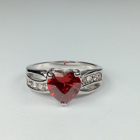 Red CZ Heart Ring With Clear Accent Stones, Silver Color, Size 7, Love - Picture 2 of 6